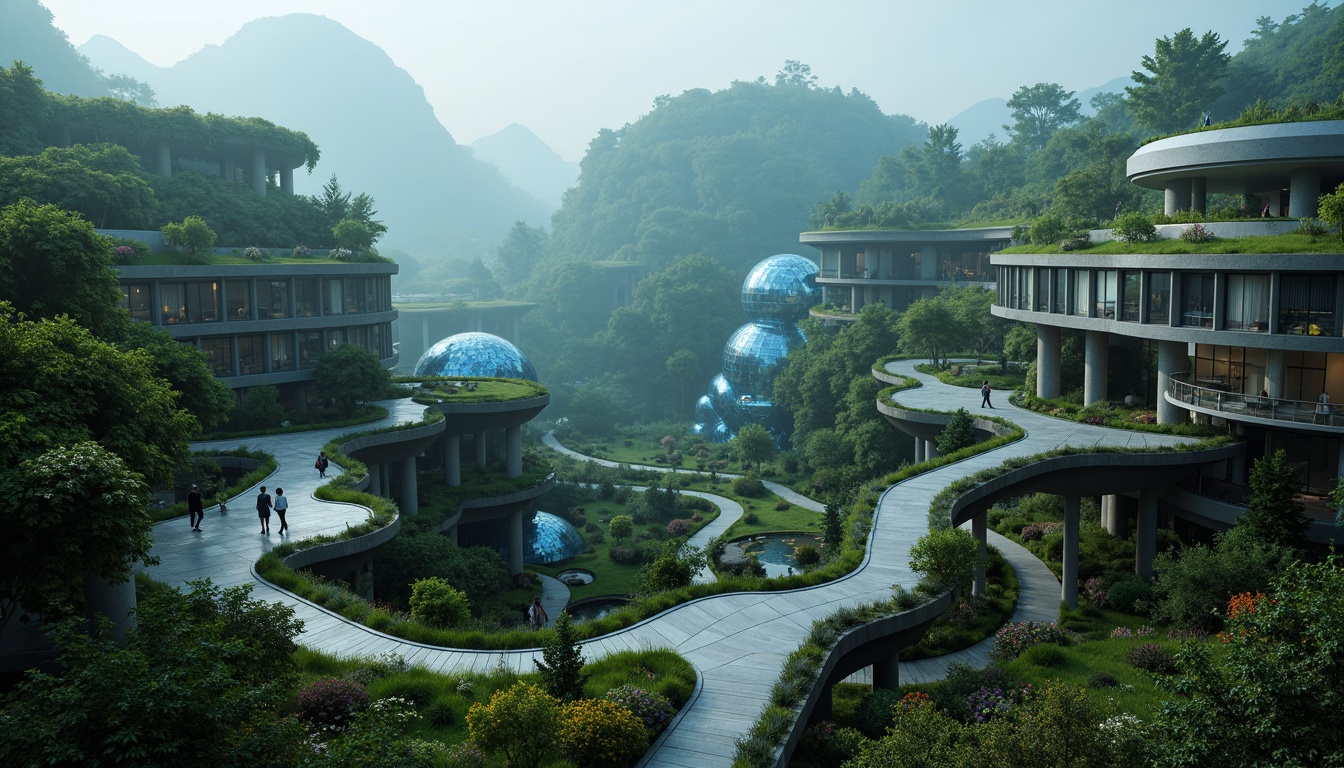 Prompt: Futuristic landscape, winding paths, organic forms, experimental architecture, cantilevered structures, green roofs, living walls, bioluminescent plants, iridescent materials, kinetic sculptures, undulating terrain, misty atmosphere, soft diffused lighting, shallow depth of field, 1/1 composition, symmetrical framing, cinematic color grading, vibrant neon hues, holographic projections.