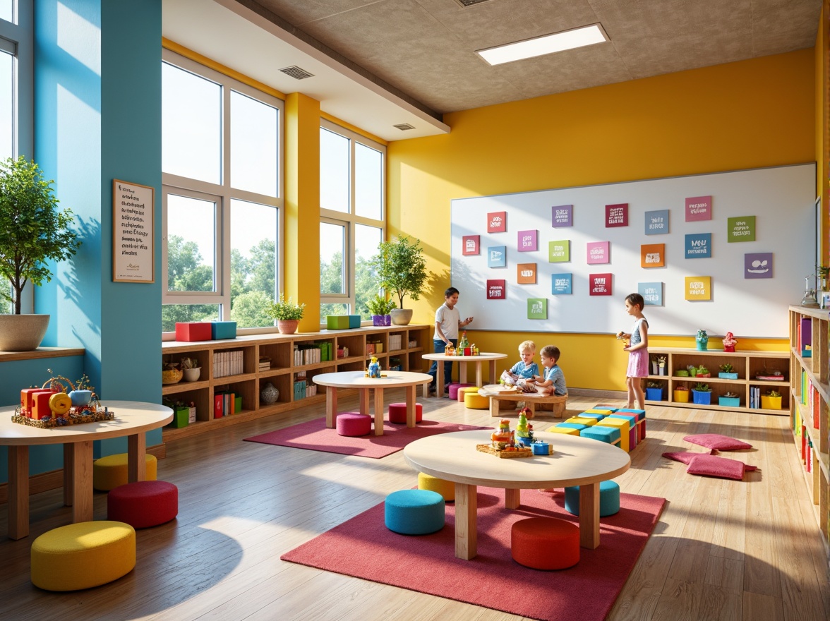 Prompt: Vibrant kindergarten classroom, bright colored walls, interactive whiteboards, child-sized furniture, soft cushions, playful rugs, stimulating learning centers, educational toys, building blocks, arts and crafts stations, cozy reading nooks, natural light, warm wooden accents, circular tables, ergonomic chairs, inspirational quotes, motivational posters, fun geometric patterns, calming background music, shallow depth of field, 1/1 composition, realistic textures, ambient occlusion.