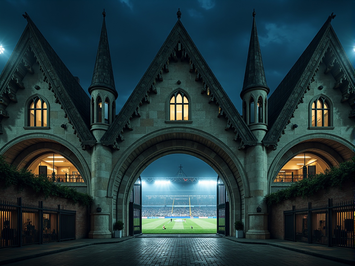 Prompt: Rustic Gothic stadium facade, pointed arches, ribbed vaults, flying buttresses, intricate stone carvings, grand entrance gates, dramatic nighttime lighting, misty atmosphere, foggy surroundings, mysterious shadows, ornate metalwork, stained glass windows, towering spires, imposing grandstands, vibrant team colors, dynamic crowd scenes, action-packed soccer match, low-angle shot, cinematic composition, high-contrast lighting, dramatic depth of field.