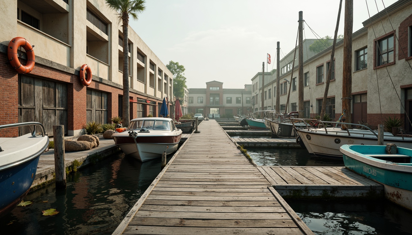 Prompt: Weathered wooden docks, rusty metal accents, distressed boat hulls, nautical ropes, vintage life rings, faded blue and white stripes, warm beige stucco, earthy brown wooden planks, moss-covered stones, soft misty morning light, shallow depth of field, 1/2 composition, symmetrical framing, rich textures, atmospheric perspective.Please let me know if this meets your requirements!