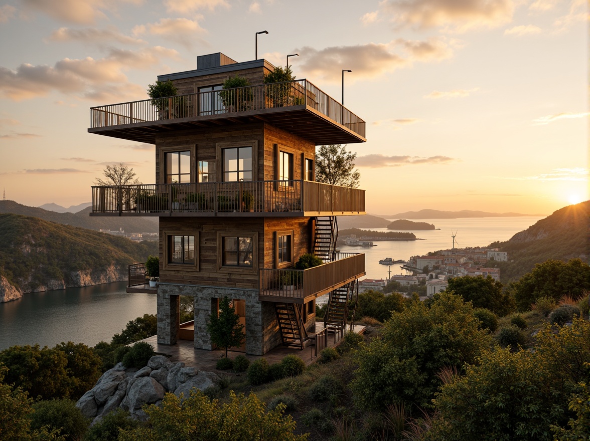 Prompt: Elevated watchtower, recycled metal framework, reclaimed wood accents, living green walls, solar panels, wind turbines, rainwater harvesting systems, eco-friendly roofing materials, natural stone foundations, minimal carbon footprint, panoramic views, dramatic sunsets, warm golden lighting, shallow depth of field, 1/1 composition, realistic textures, ambient occlusion.