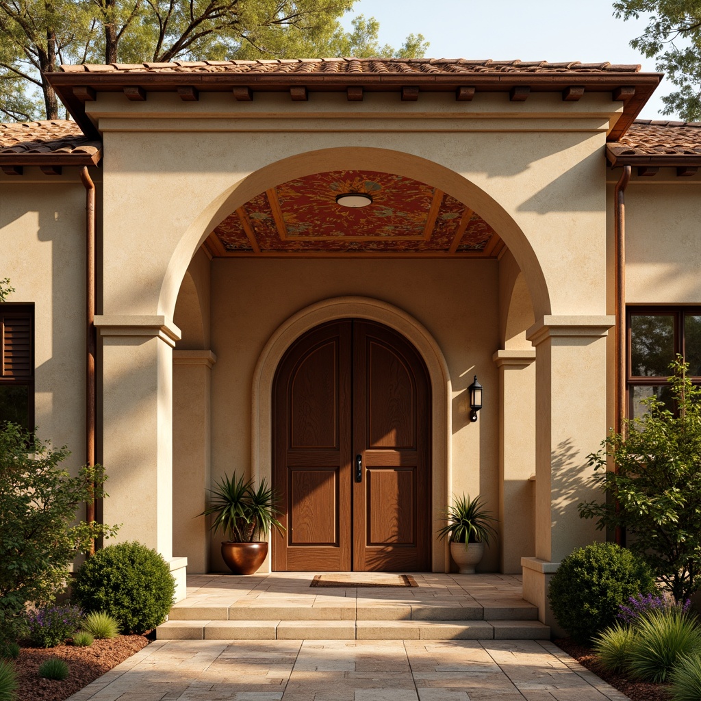 Prompt: Warm beige stone walls, rustic terracotta rooftops, earthy brown wooden doors, soft golden lighting, muted greenery, ornate carvings, rounded archways, sturdy columns, vibrant red-orange frescoes, intricate stonework patterns, weathered copper accents, misty atmospheric effects, shallow depth of field, 1/2 composition, symmetrical framing.