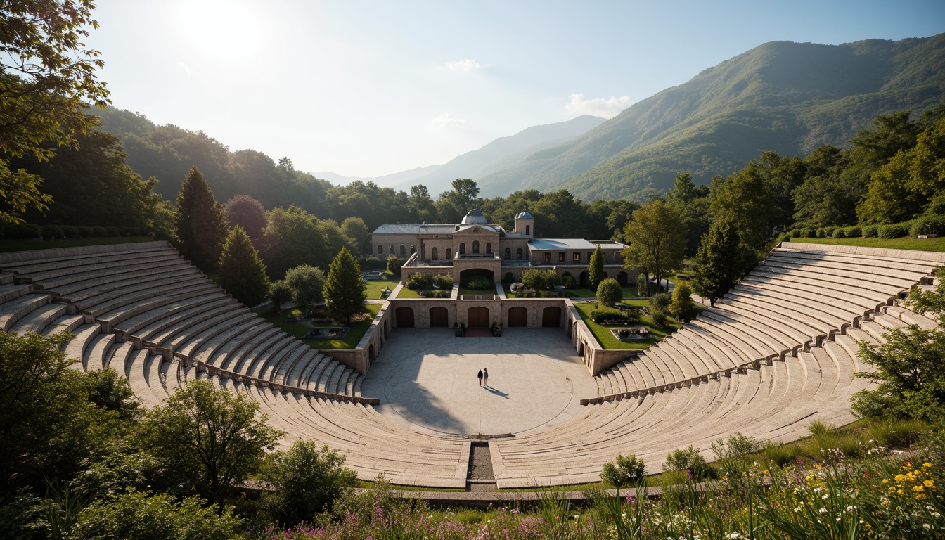 Prompt: Grand amphitheater, tiered seating, open-air performance space, natural ventilation systems, curved architecture, stone or concrete materials, lush greenery, surrounding hills or mountains, sunny day, soft warm lighting, shallow depth of field, 3/4 composition, panoramic view, realistic textures, ambient occlusion, stepped terrain, rustic landscaping, meandering pathways, scattered trees, wildflowers, gentle breeze, misty atmosphere.