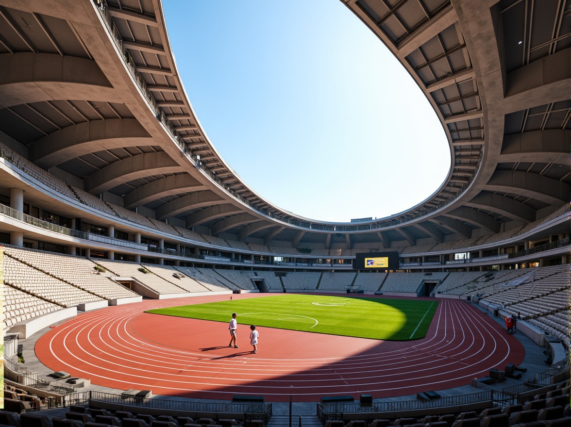 Prompt: Undulating sports track, sinuous running lanes, curved stadium seating, dynamic architecture, fluid forms, sleek metallic materials, vibrant color schemes, energetic atmosphere, lush green grass, athletic equipment, goalposts, scoreboards, modern LED lighting, shallow depth of field, 1/2 composition, wide-angle lens, realistic textures, ambient occlusion.