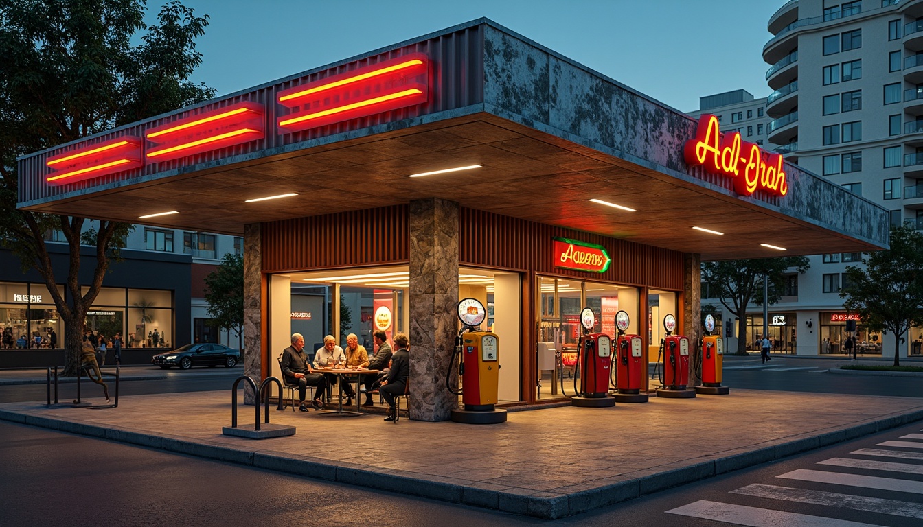 Prompt: Retro-style gas station, distressed metal walls, rusty corrugated roofs, vintage fuel pumps, worn concrete floors, industrial-style lighting fixtures, neon signage, bold color schemes, rugged stone accents, reclaimed wood trims, weathered steel beams, modern LED lighting, sleek glass canopies, futuristic fueling systems, high-gloss paint finishes, metallic coatings, reflective chrome details, urban cityscape backdrop, busy street scene, shallow depth of field, 1/1 composition, warm vibrant color palette.