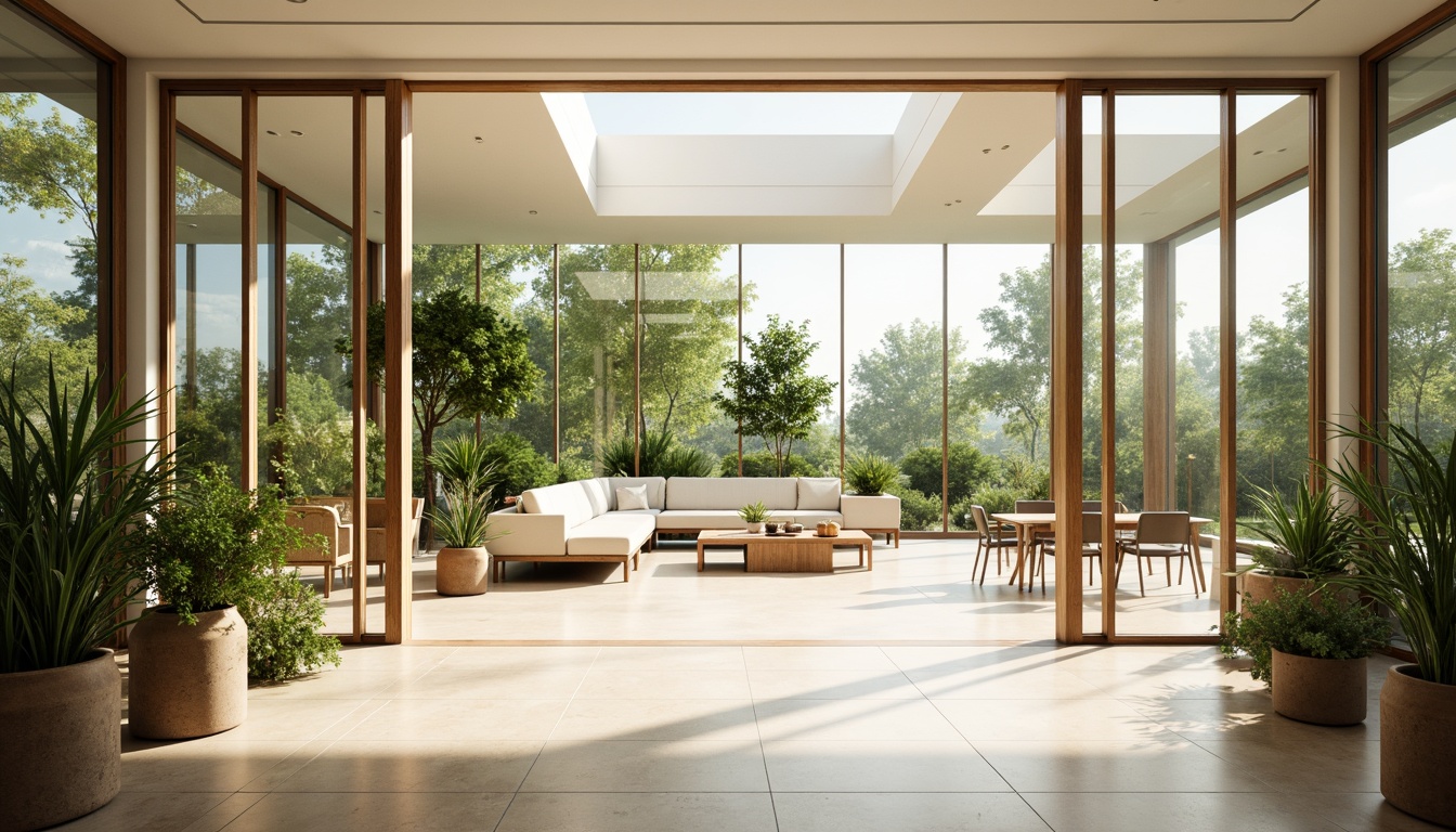 Prompt: Vibrant interior space, abundant natural light, floor-to-ceiling windows, sliding glass doors, clerestory windows, skylights, reflective surfaces, minimal obstructions, open-plan layout, bright color scheme, airy atmosphere, lush greenery, potted plants, wooden accents, modern minimalist furniture, subtle textures, warm beige tones, soft diffused lighting, 1/1 composition, realistic reflections, ambient occlusion.