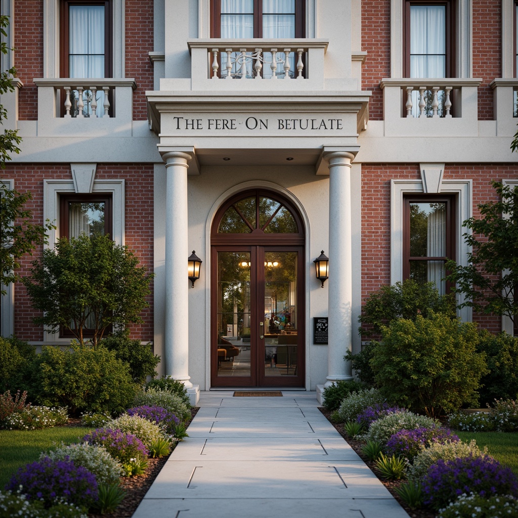 Prompt: Elegant institute building, neoclassical facade, ornate stone carvings, symmetrical architecture, grand entrance gates, lantern-style lighting, lush greenery, vibrant flowers, educational signage, traditional brick walls, classic columns, arched windows, stained glass details, subtle color palette, warm natural light, shallow depth of field, 1/1 composition, realistic textures, ambient occlusion.