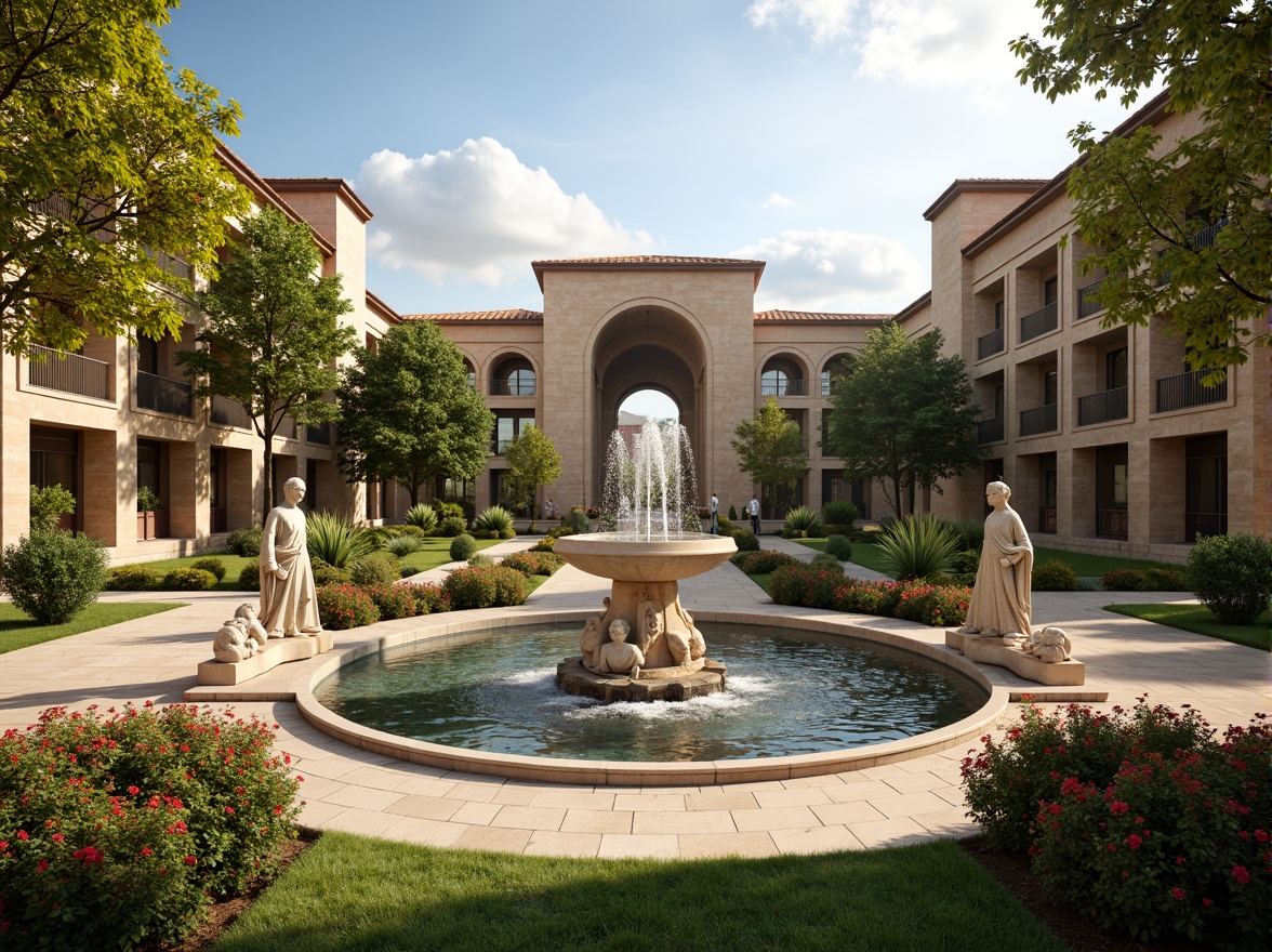 Prompt: Grandiose fountain, ornate statues, lavish waterfalls, serene reflecting pool, intricate stone carvings, majestic archways, symmetrical gardens, vibrant flower arrangements, lush greenery, warm sunny day, soft golden lighting, shallow depth of field, 3/4 composition, panoramic view, realistic textures, ambient occlusion.