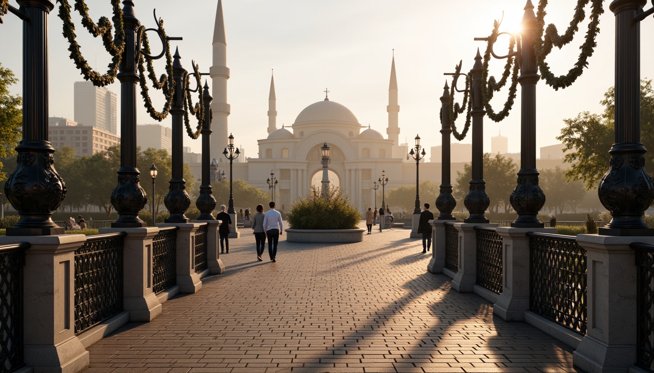 Prompt: Intricate ironwork bridges, ornate lamp posts, flowing organic lines, sinuous curves, botanical motifs, stylized florals, natural stone foundations, rustic stonework, arched pedestrian paths, latticework railings, grand entrance gates, majestic city skylines, soft warm lighting, misty morning atmosphere, shallow depth of field, 1/2 composition, high-angle shot, realistic metallic textures, ambient occlusion.