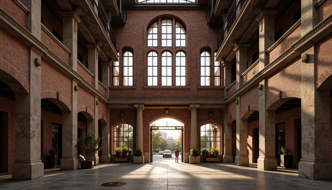 Prompt: Rustic industrial facade, exposed brick walls, ornate neoclassical columns, arched windows, symmetrical composition, grand entrance gates, metallic accents, weathered steel beams, distressed concrete textures, vintage machinery, industrial heritage, nostalgic atmosphere, warm golden lighting, soft focus, shallow depth of field, 2/3 composition, realistic render, ambient occlusion.