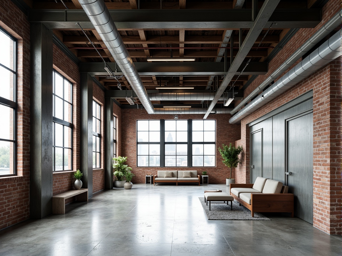 Prompt: Exposed ductwork, industrial chic, steel beams, concrete floors, brick walls, large windows, metal cladding, minimalist decor, functional layout, open floor plan, natural ventilation, abundant daylight, high ceilings, mechanical systems visibility, raw unfinished textures, urban context, cityscape views, modernist architecture, geometric shapes, clean lines, minimal ornamentation, functional simplicity, industrial heritage, converted warehouse, revitalized manufacturing space, rustic wooden accents, reclaimed materials, brutalist influences.