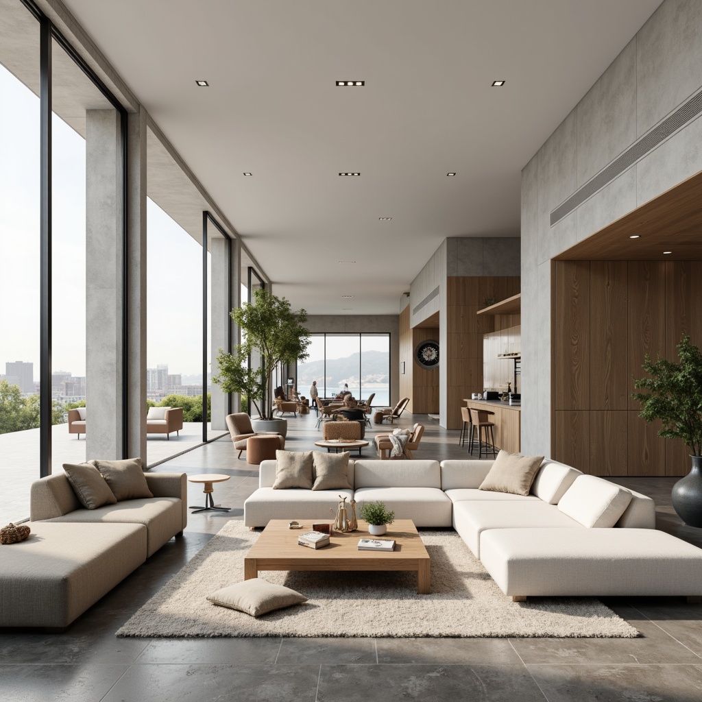 Prompt: Clean-lined minimalist living room, neutral color palette, sleek low-profile furniture, polished concrete floors, floor-to-ceiling windows, abundant natural light, subtle texture variations, minimal ornamentation, functional simplicity, open-plan layout, flow-through spaces, built-in shelving, recessed lighting, soft warm ambiance, shallow depth of field, 1/1 composition, realistic renderings.