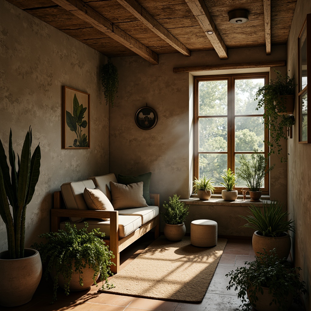 Prompt: Earthy olive tones, muted greenery, natural terracotta, weathered wooden accents, rustic metal details, soft sandy neutrals, creamy whites, warm beige textures, vintage distressed finishes, cozy intimate ambiance, dramatic shadows, moody warm lighting, cinematic composition, high contrast ratio, richly textured surfaces, atmospheric misty effects.