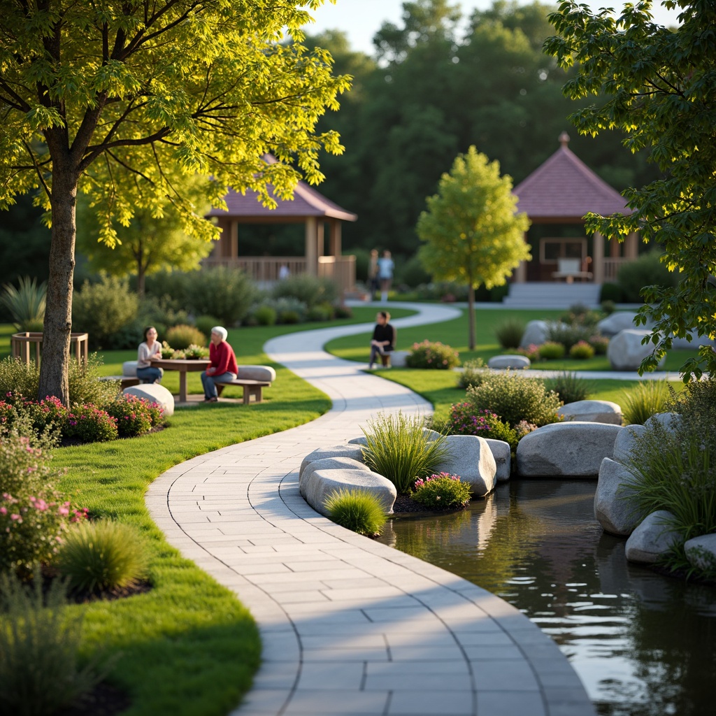 Prompt: Serenely curved walkways, lush green lawns, vibrant flowerbeds, tranquil water features, natural stone retaining walls, wooden benches, rustic gazebos, meandering streams, native plant species, birdhouses, wind chimes, soft warm lighting, shallow depth of field, 3/4 composition, panoramic view, realistic textures, ambient occlusion.