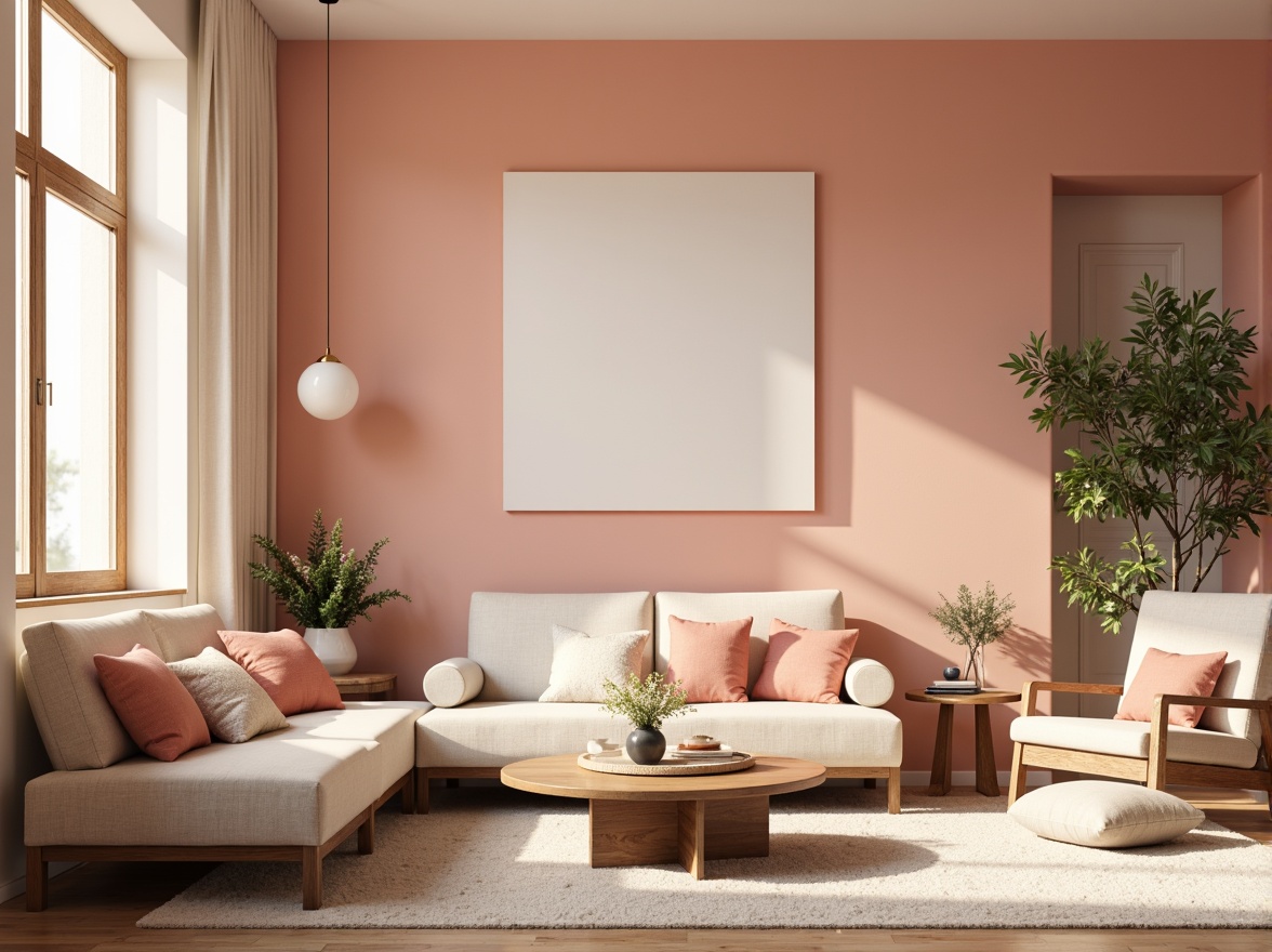 Prompt: Vibrant modern interior, sleek minimalist furniture, pastel color scheme, soft peach tones, creamy whites, rich charcoal accents, natural wood textures, geometric patterns, Scandinavian-inspired design, cozy ambient lighting, 1/1 composition, shallow depth of field, warm inviting atmosphere.