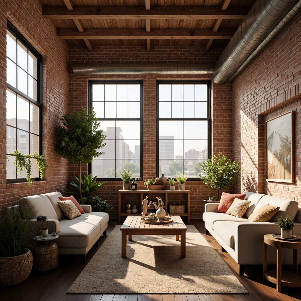 Prompt: Cozy loft apartment, exposed brick walls, wooden beam ceilings, large industrial windows, soft natural light, warm beige tones, plush area rugs, comfortable sectional sofas, vintage decorative items, rustic wooden tables, metal lanterns, greenery plants, romantic ambiance, relaxed atmosphere, morning sunlight, shallow depth of field, 1/1 composition, soft focus effect, warm color grading.