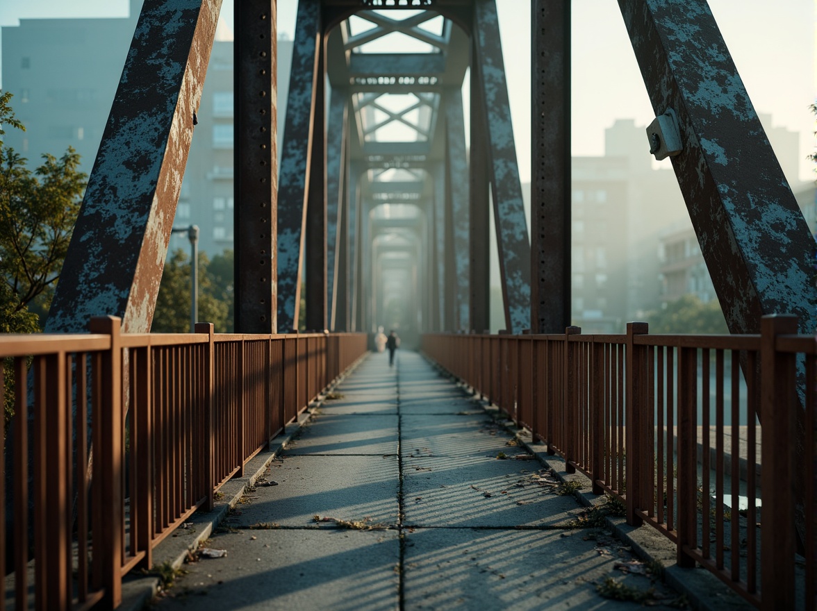 Prompt: Rustic steel bridges, worn wooden railings, distressed metal textures, earthy brown tones, muted gray concrete, weathered blue hues, atmospheric mist effects, warm golden lighting, soft focus, shallow depth of field, 1/2 composition, realistic wear and tear, ambient occlusion.