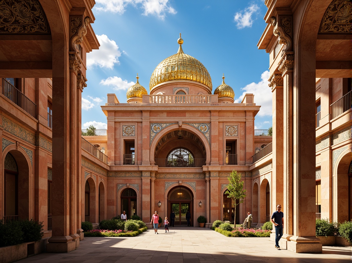 Prompt: Intricate ornate facades, golden domes, grand arches, richly decorated columns, vibrant mosaic patterns, warm terracotta tones, ornamental capitals, lavish stone carvings, imposing entrance gates, majestic bell towers, symmetrical compositions, dramatic shadows, high-contrast lighting, warm afternoon sun, atmospheric perspective, 1/2 composition, realistic textures, ambient occlusion.