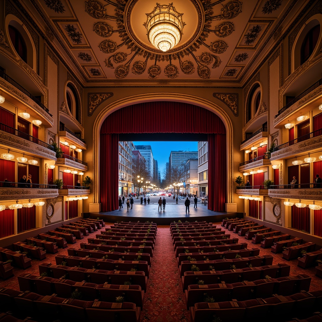 Prompt: Grand auditorium, tiered seating, curved rows, ornate balconies, majestic stage, velvet curtains, intricate moldings, polished wooden floors, luxurious upholstery, crystal chandeliers, soft warm lighting, shallow depth of field, 3/4 composition, panoramic view, realistic textures, ambient occlusion, urban cityscape, bustling streets, cultural district, vibrant nightlife.