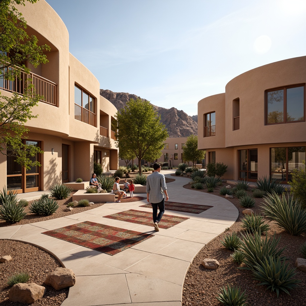 Prompt: Desert social housing complex, xeriscaped gardens, drought-tolerant plants, succulent arrangements, gravel pathways, adobe-inspired architecture, earth-toned buildings, curved lines, minimalist design, sustainable water management systems, rainwater harvesting, graywater reuse, shaded outdoor spaces, misting systems, colorful tile accents, geometric patterned rugs, warm desert lighting, low-angle sun, 3/4 composition, realistic textures, ambient occlusion.