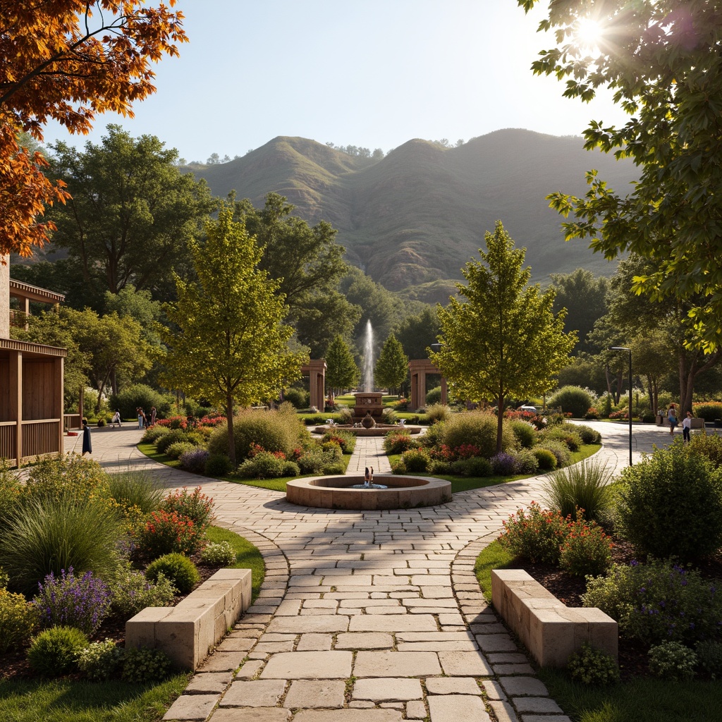 Prompt: Vineyard surroundings, rolling hills, rustic stone walls, wooden trellises, lush green vineyards, seasonal flower beds, meandering walkways, ornamental water features, natural stone pavers, earthy color palette, warm sunny day, soft golden lighting, shallow depth of field, 2/3 composition, intimate atmosphere, realistic textures, ambient occlusion.