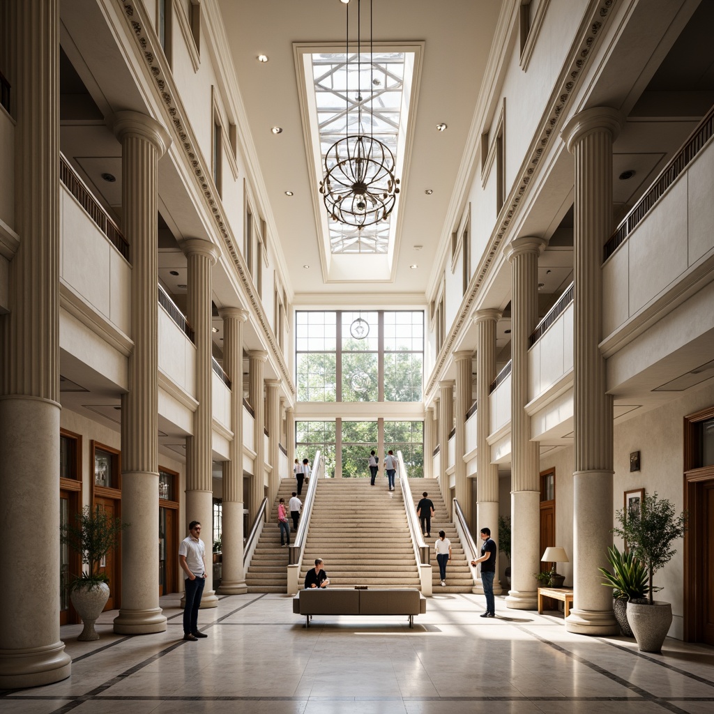 Prompt: Grandiose healthcare center, symmetrical fa\u00e7ade, ionic columns, ornate details, neutral color palette, high ceilings, grand staircase, spacious lobby, elegant chandeliers, marble floors, natural light pouring, subtle shading, classic typography, refined furnishings, minimal ornamentation, subtle texture variation, shallow depth of field, central composition, warm ambient lighting, realistic reflections.