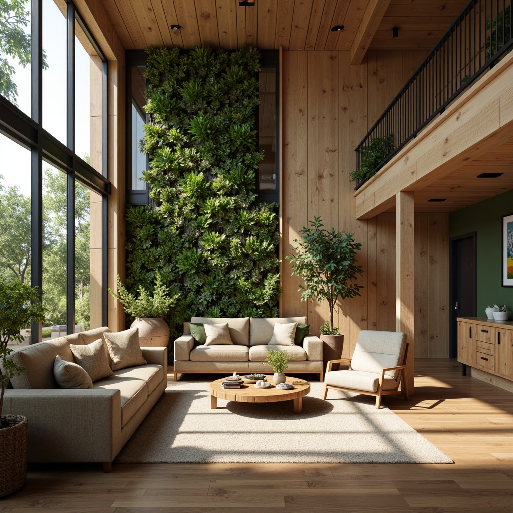 Prompt: Eco-friendly living room, natural materials, reclaimed wood furniture, bamboo flooring, low-VOC paints, sustainable textiles, energy-efficient lighting, solar-powered systems, green walls, vertical gardens, minimal waste design, recycled metal accents, organic upholstery, earthy color palette, soft warm ambiance, cozy atmosphere, shallow depth of field, 1/2 composition, realistic renderings, ambient occlusion.