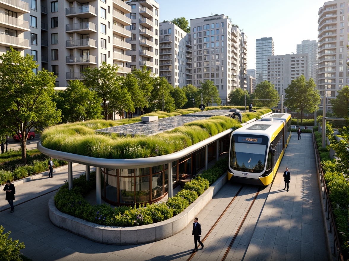 Prompt: Eco-friendly tram station, lush green roofs, solar panels, rainwater harvesting systems, natural ventilation, energy-efficient lighting, recycled materials, minimalist design, curved lines, modern architecture, large windows, transparent glass fa\u00e7ades, urban jungle, vibrant city life, sunny day, soft warm lighting, shallow depth of field, 3/4 composition, panoramic view, realistic textures, ambient occlusion.