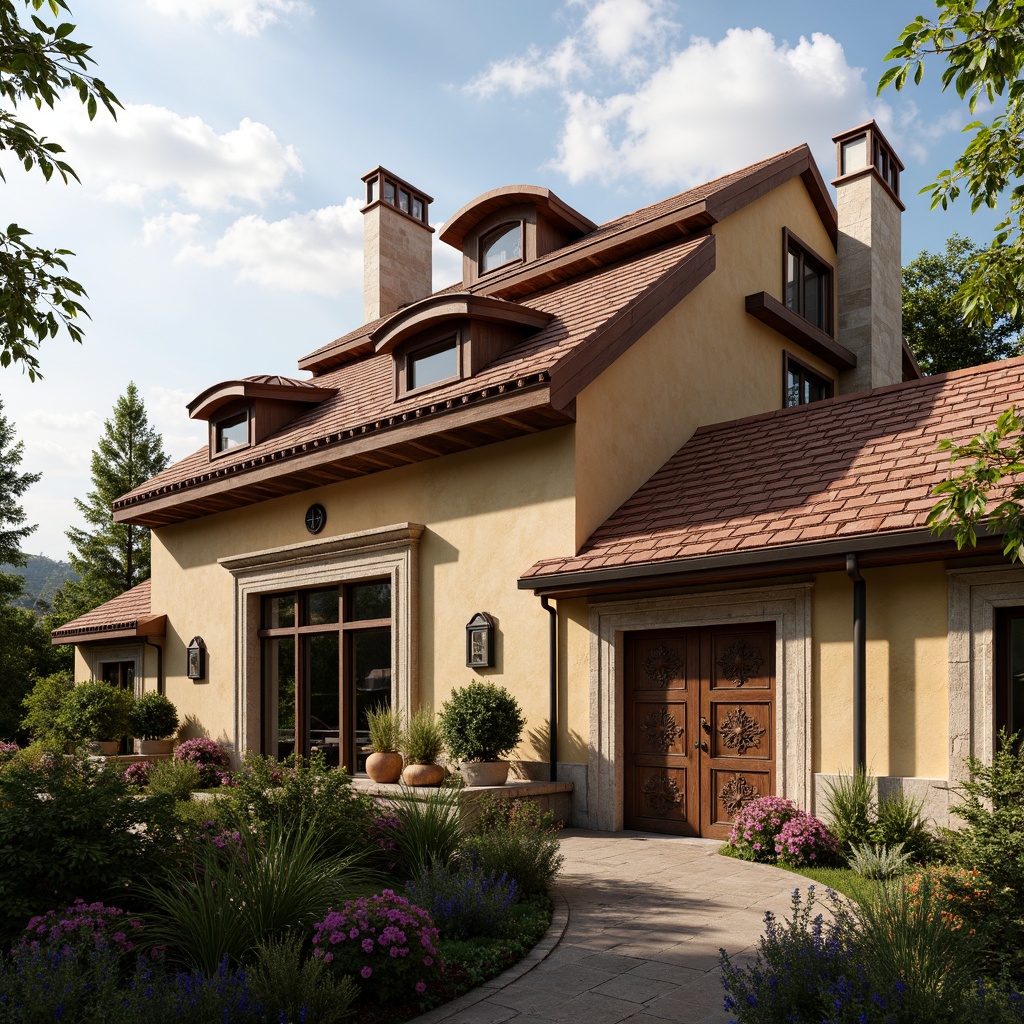 Prompt: Ornate Renaissance-style rooftop, terracotta tiles, curved dormers, grandiose chimneys, ornamental cornices, classical statues, intricately carved wooden doors, rustic stone walls, lush greenery, blooming flowers, sunny afternoon, soft warm lighting, shallow depth of field, 3/4 composition, panoramic view, realistic textures, ambient occlusion.