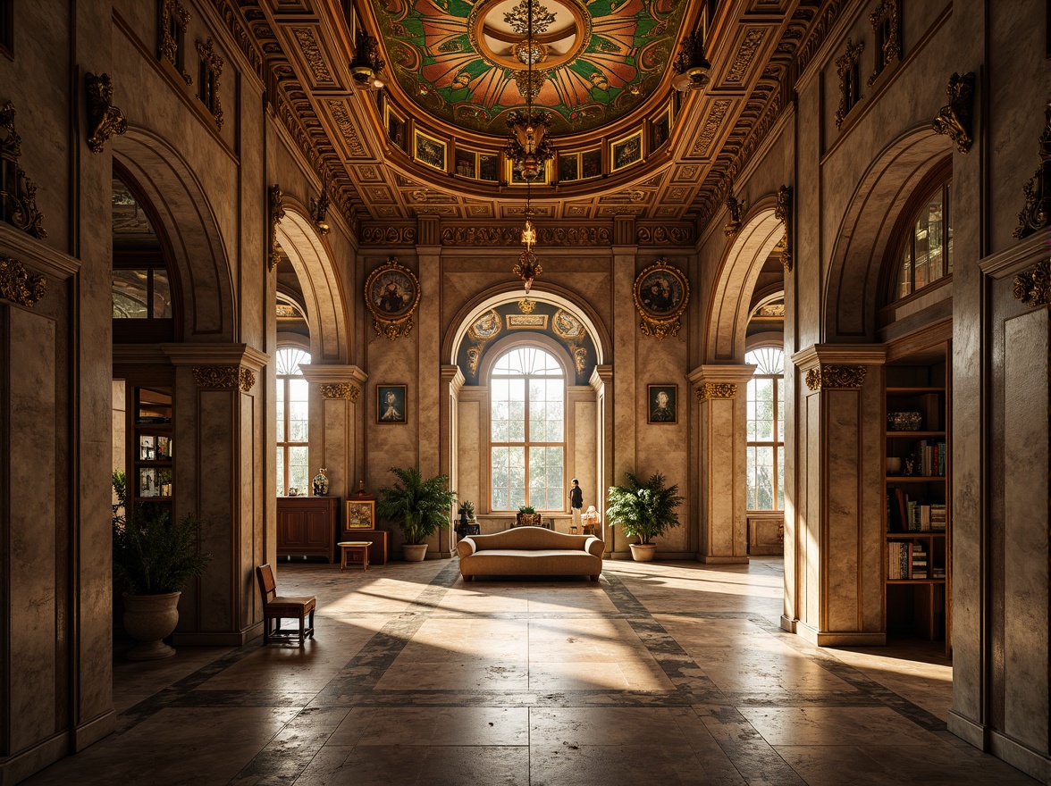 Prompt: Intricate stone carvings, ornate mosaics, gilded domes, vibrant frescoes, richly textured columns, polished marble floors, ornamental arches, grandiose vaulted ceilings, mystical ambiance, warm golden lighting, shallow depth of field, 1/1 composition, realistic textures, ambient occlusion.