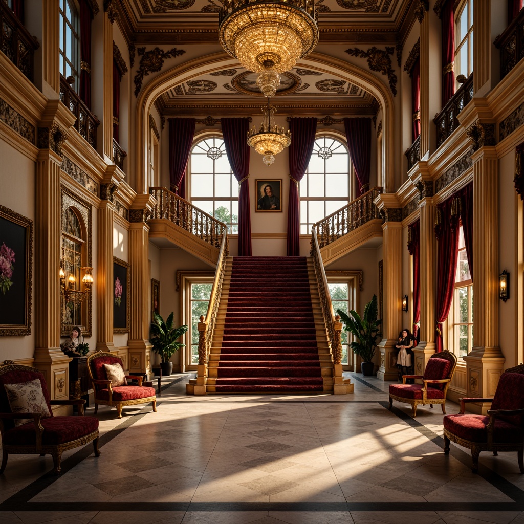 Prompt: Opulent palace, lavish furnishings, intricate carvings, gilded details, rich velvet fabrics, ornate mirrors, crystal chandeliers, marble floors, grand staircase, sweeping arches, dramatic lighting, warm golden tones, soft focus, shallow depth of field, 1/2 composition, atmospheric perspective, realistic reflections, detailed normal maps.