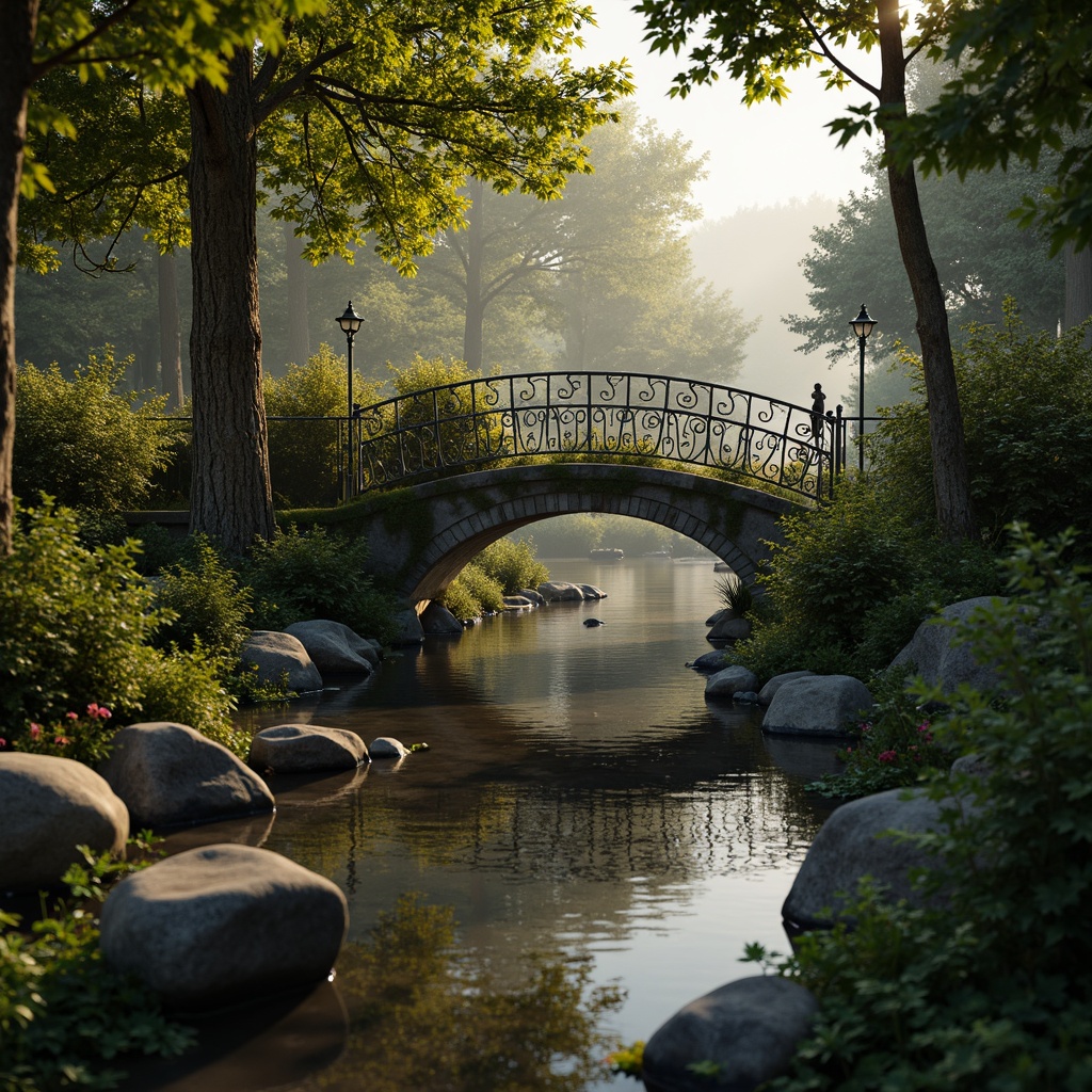 Prompt: Intricate ironwork bridges, ornate lamp posts, flowing organic lines, curved arches, sinuous metal railings, whimsical floral patterns, vibrant greenery, lush ivy, moss-covered stonework, rustic stone walls, soft warm lighting, misty atmospheric effects, shallow depth of field, 1/2 composition, realistic metallic textures, ambient occlusion.