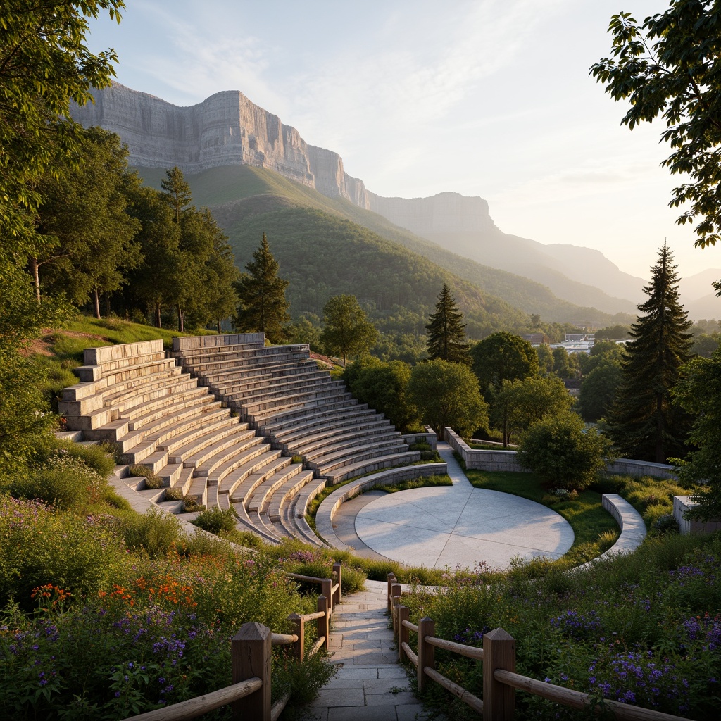 Prompt: Seamless amphitheater integration, rolling hills, lush greenery, vibrant wildflowers, natural stone seating, curved architecture, gentle slopes, tranquil atmosphere, warm sunset lighting, soft focus, 1/2 composition, aerial view, realistic vegetation, ambient occlusion, meandering walkways, rustic wooden railings, scenic overlooks, majestic mountain backdrop.