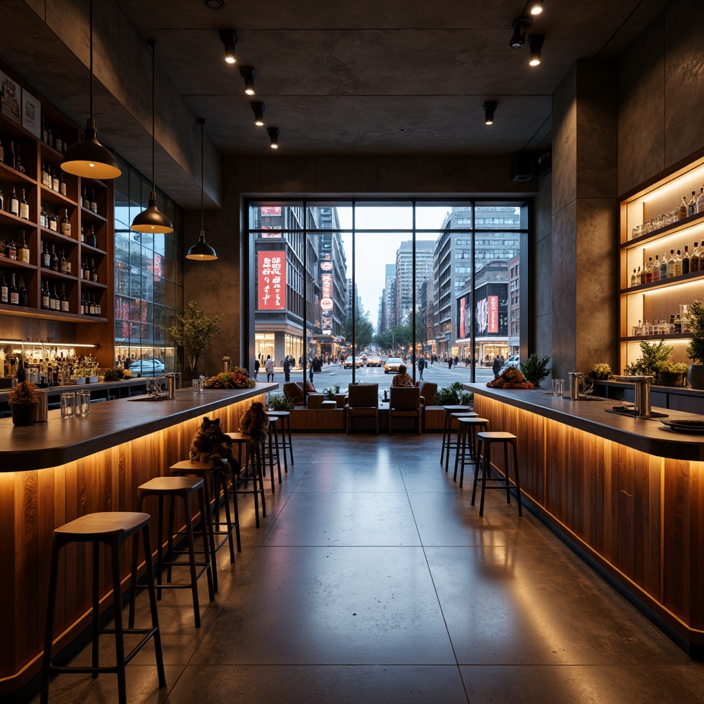 Prompt: Minimalist bar interior, urban industrial atmosphere, exposed concrete walls, polished steel countertops, sleek wooden accents, modern cityscape views, large glass windows, neon signs, bustling streets, evening ambiance, soft warm lighting, shallow depth of field, 1/1 composition, realistic textures, ambient occlusion.