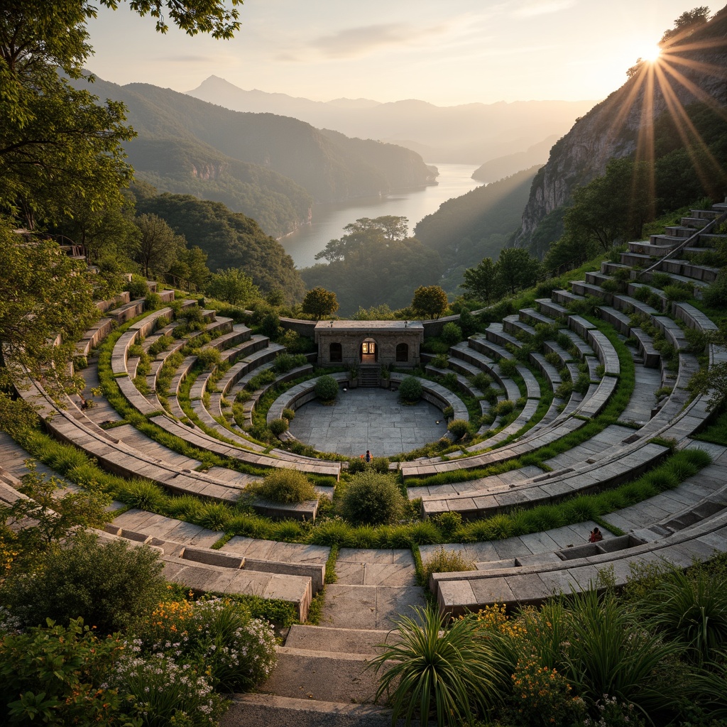 Prompt: Sweeping amphitheater curves, lush green hillsides, natural stone seating, tiered platforms, panoramic views, serene atmosphere, warm sunset lighting, soft focus effect, shallow depth of field, 3/4 composition, harmonious blend of architecture and nature, organic shapes, earthy tones, rustic textures, ambient occlusion, vibrant wildflowers, gentle breeze effects, realistic foliage, misty morning scenes.