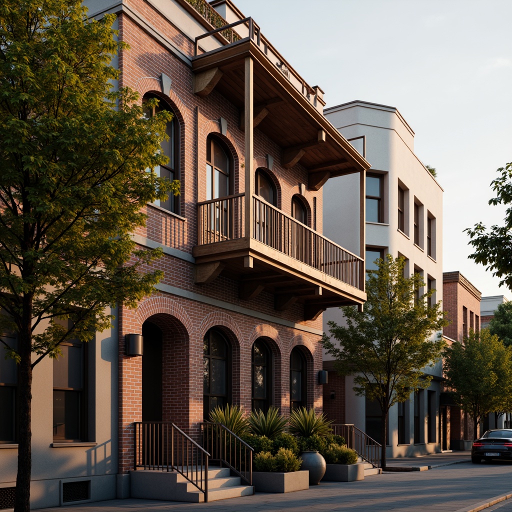 Prompt: Brick red facades, earthy brown stones, muted gray concrete, rich wood accents, ornate metal details, vibrant greenery, urban cityscape, renaissance-inspired architecture, grand archways, intricate carvings, ornamental balconies, decorative cornices, warm golden lighting, soft evening ambience, shallow depth of field, 2/3 composition, realistic textures, ambient occlusion.