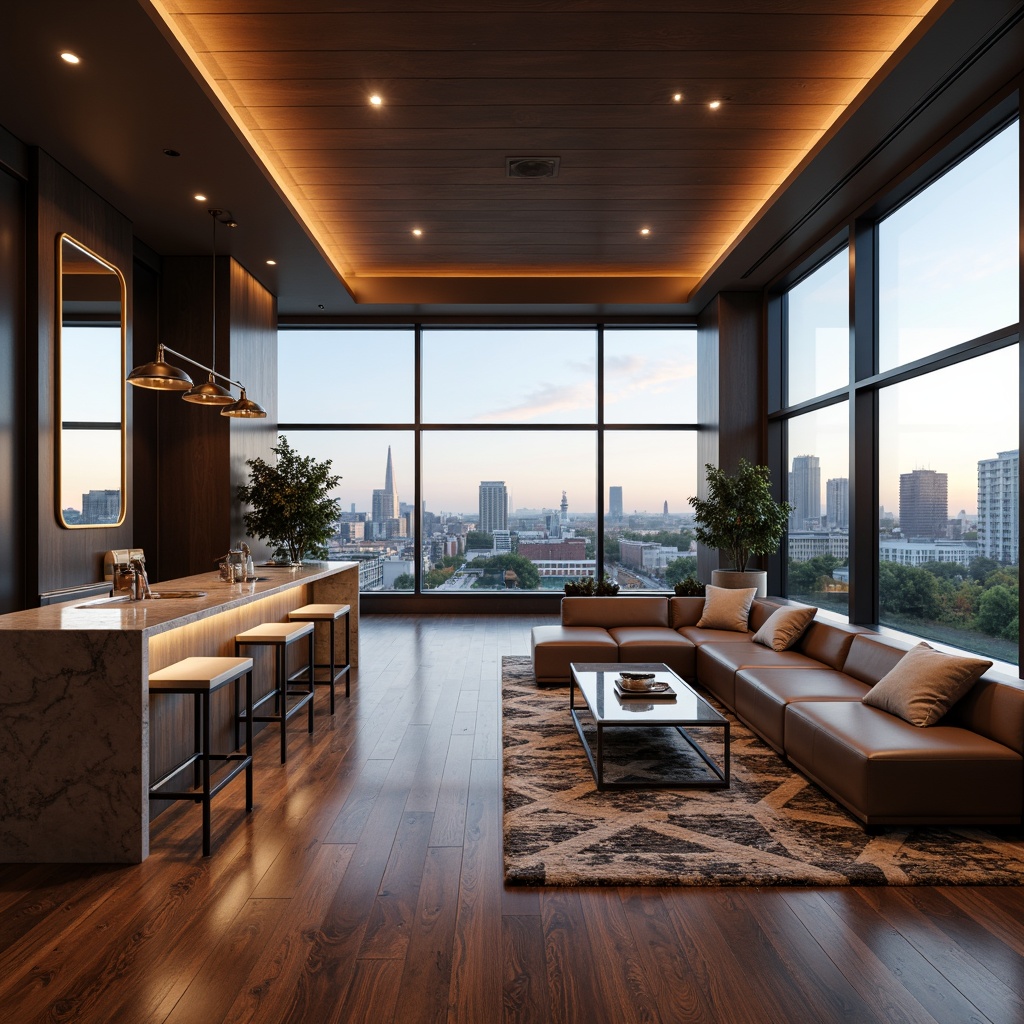 Prompt: Luxurious penthouse interior, rich wood flooring, velvety soft carpeting, sleek marble countertops, metallic accents, floor-to-ceiling windows, stunning cityscape views, modern minimalist decor, plush sectional sofas, geometric patterned rugs, ambient warm lighting, 1/1 composition, shallow depth of field, realistic reflections.