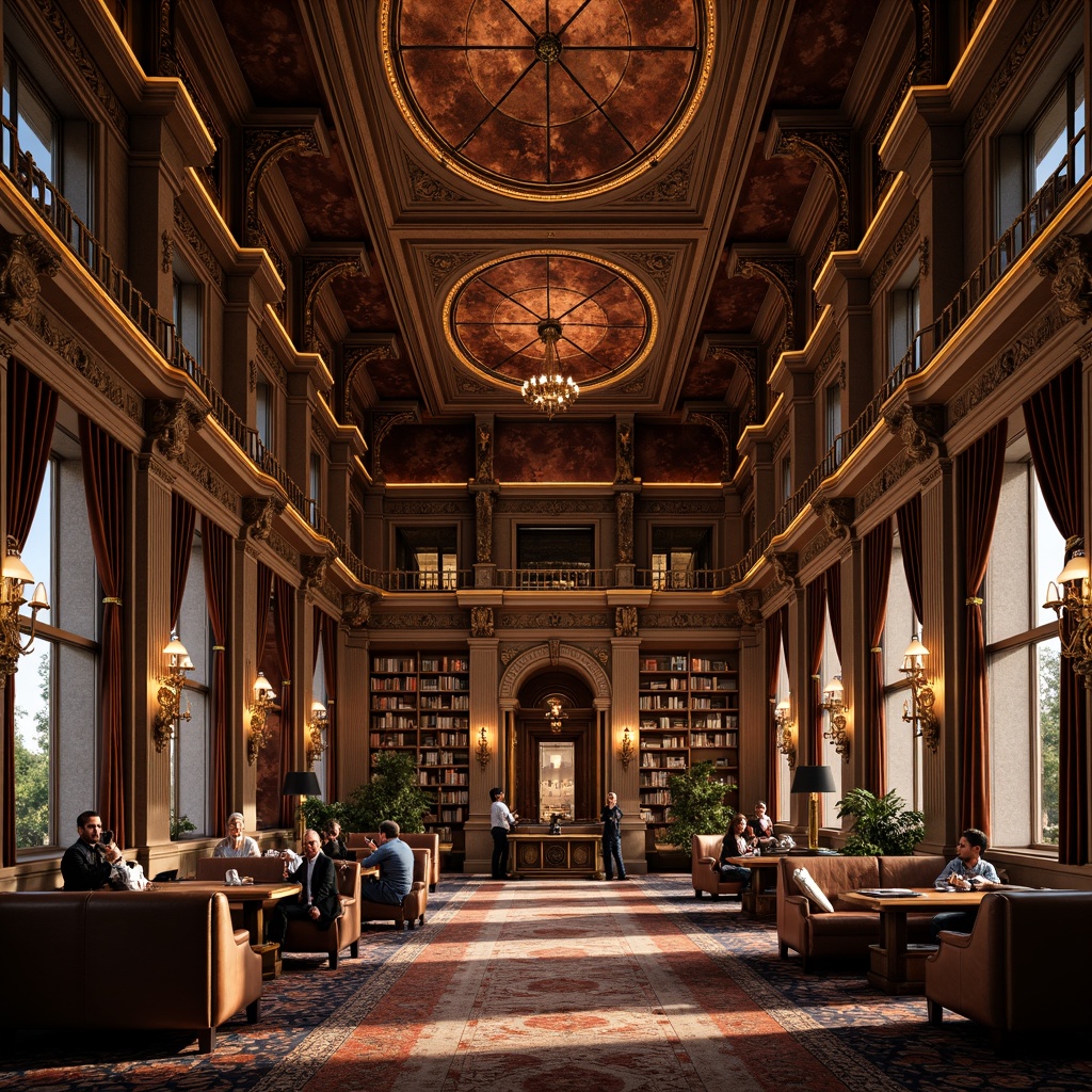 Prompt: Ornate baroque library, rich copper cladding, intricate stone carvings, grandiose high ceilings, luxurious velvet drapes, ornamental golden fixtures, majestic wooden shelves, leather-bound books, warm soft lighting, shallow depth of field, 3/4 composition, realistic textures, ambient occlusion.