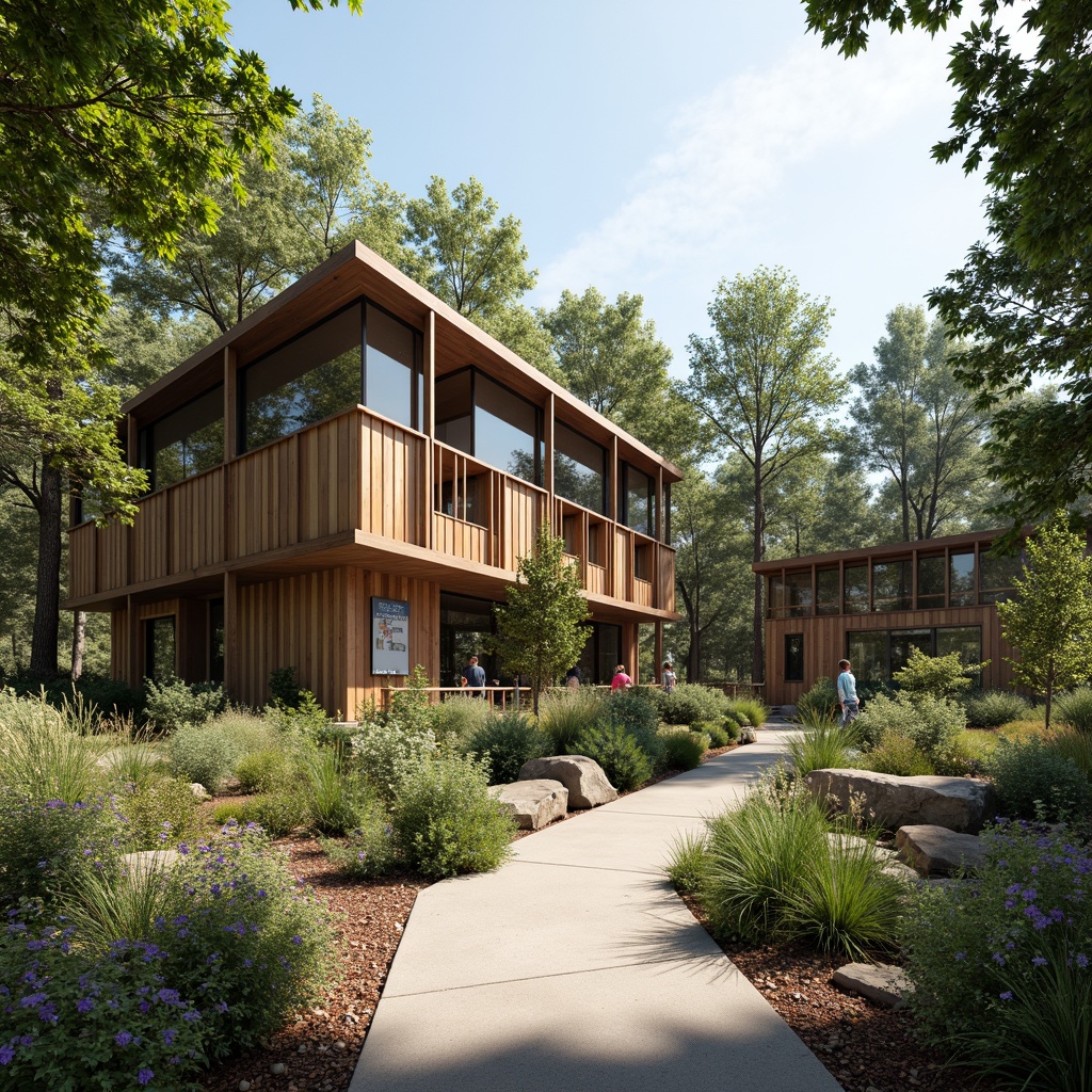 Prompt: Rustic visitor center, reclaimed wood accents, earthy tones, living roofs, green walls, natural ventilation, large windows, recycled materials, minimal waste design, eco-friendly signage, educational exhibits, interactive displays, immersive experiences, forest surroundings, winding trails, native plant species, birds' songs, warm sunny day, soft diffused lighting, shallow depth of field, 1/2 composition, realistic textures, ambient occlusion.