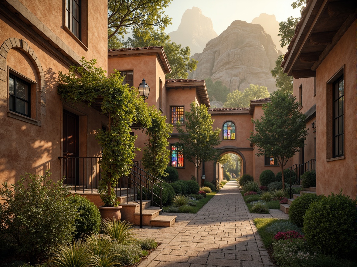 Prompt: Earth-toned stone walls, rustic archways, ornate carvings, vibrant stained glass windows, terracotta rooftops, weathered bronze details, lush greenery, overgrown ivy, natural rock formations, warm golden lighting, soft atmospheric fog, 1/2 composition, symmetrical framing, high contrast, dramatic shadows, intricate textures, ambient occlusion.