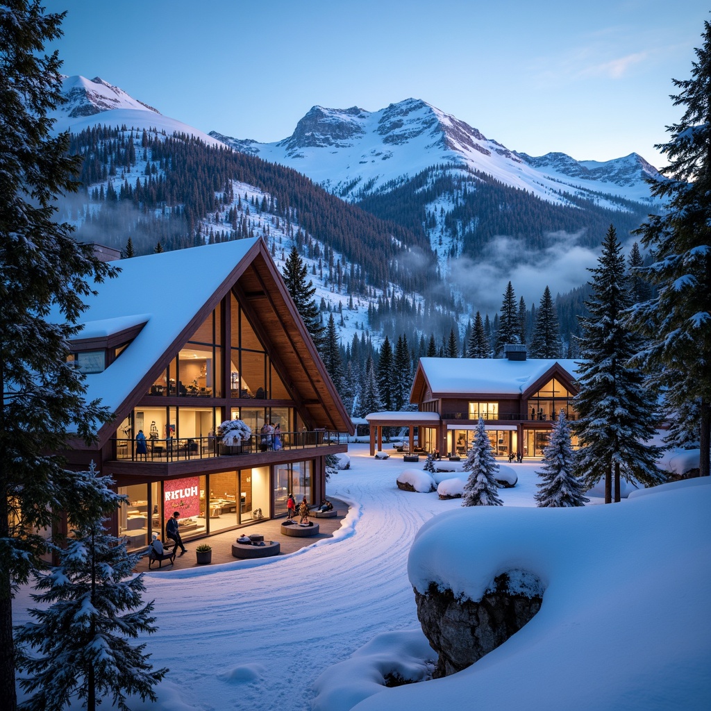 Prompt: Snow-capped mountains, lush pine trees, frozen lakes, snowy terrain, ski lifts, mountainous landscape, modern ski center architecture, angular wooden buildings, large glass windows, warm cozy interior lighting, rustic stone walls, wooden roof trusses, snowflake-inspired decorations, vibrant colorful signage, dynamic slope-side views, dramatic evening lightings, low-angle compositions, atmospheric mist effects, realistic snowy textures, ambient occlusion.