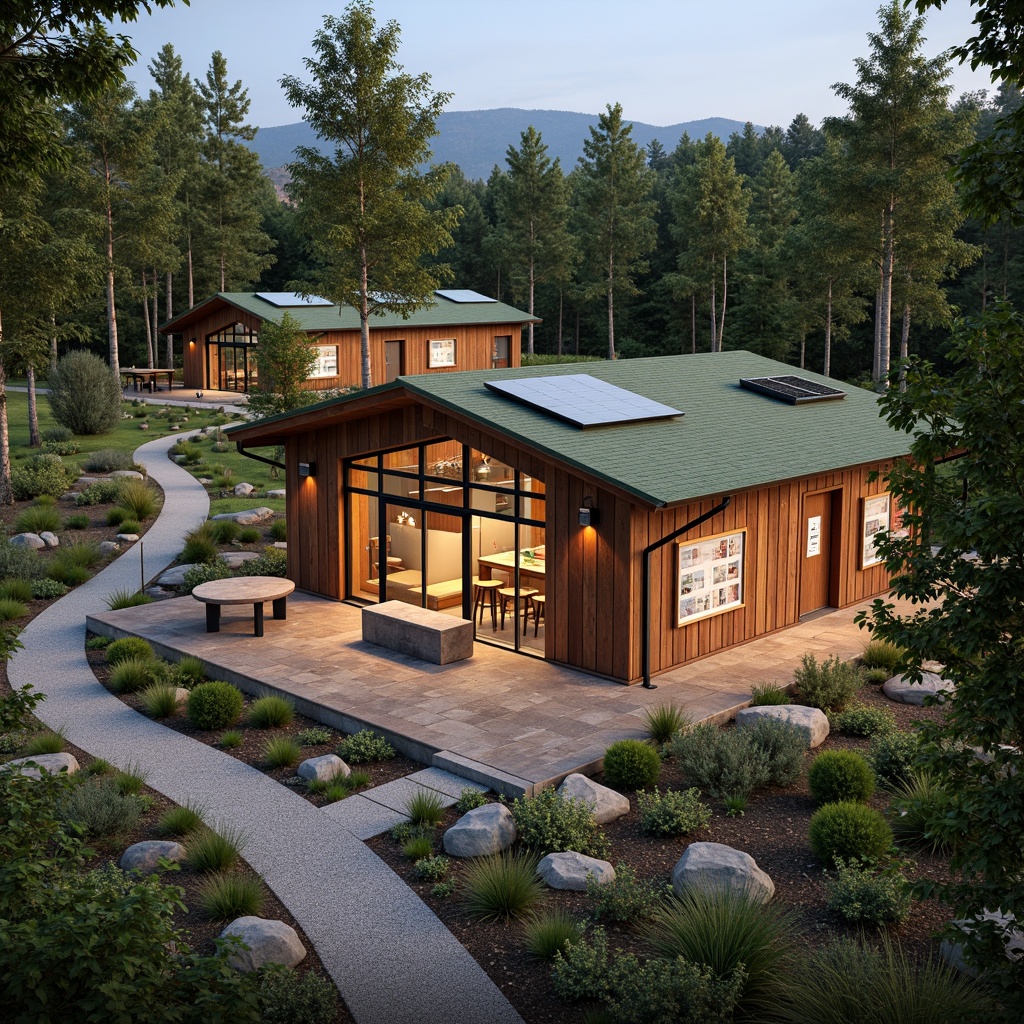 Prompt: Rustic visitor center, wooden accents, natural stone walls, earthy tones, green roofs, solar panels, rainwater harvesting systems, reclaimed wood furniture, eco-friendly materials, energy-efficient lighting, large windows, panoramic views, surrounding forest landscape, meandering trails, native plant species, educational signage, interactive exhibits, warm ambient lighting, shallow depth of field, 1/1 composition, realistic textures, soft focus effect.