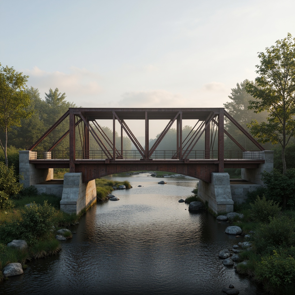 Prompt: Rustic steel bridges, weathered wood accents, earthy tone concrete, serene riverbanks, lush greenery, misty atmosphere, warm golden lighting, soft foggy mornings, gentle water reflections, subtle gradient skies, 1/1 composition, symmetrical framing, realistic textures, ambient occlusion, muted blue-grey hues, earthy brown tones, natural stone abutments, curved arches, minimalist railings.