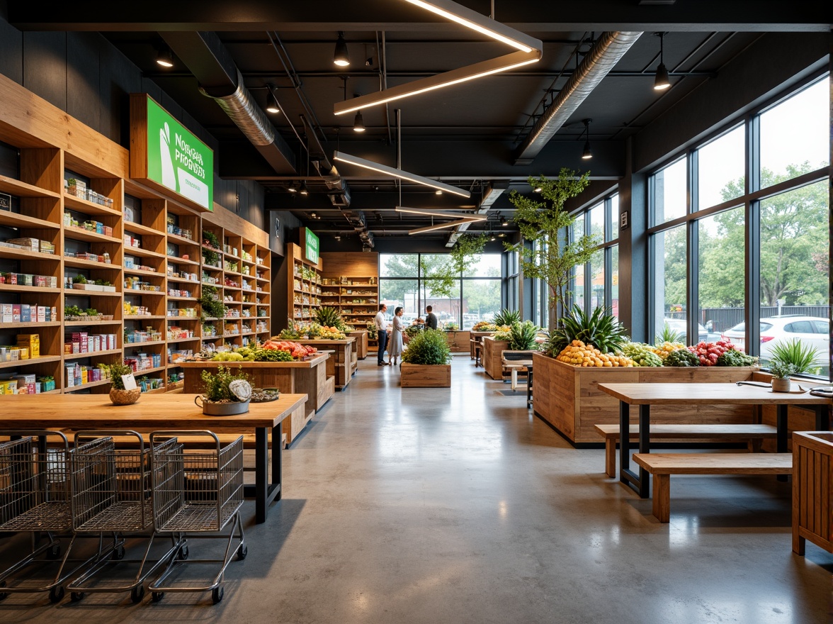 Prompt: Inviting grocery store interior, modern shelving units, wooden accents, cool color scheme, fresh produce displays, abundant natural light, polished concrete floors, decorative ceiling fixtures, efficient aisle navigation, strategic product placement, cozy seating areas, rustic wooden tables, metal shopping carts, vibrant signage, LED lighting, soft background music, shallow depth of field, 1/1 composition, realistic textures, ambient occlusion.