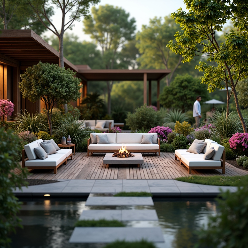 Prompt: Inviting outdoor lounge, comfortable seating areas, lush greenery, vibrant flowers, wooden decks, modern furniture, soft cushions, cozy fire pit, warm lighting, natural stone pathways, water features, small ponds, fountain sounds, peaceful ambiance, shallow depth of field, 1/1 composition, realistic textures, ambient occlusion.