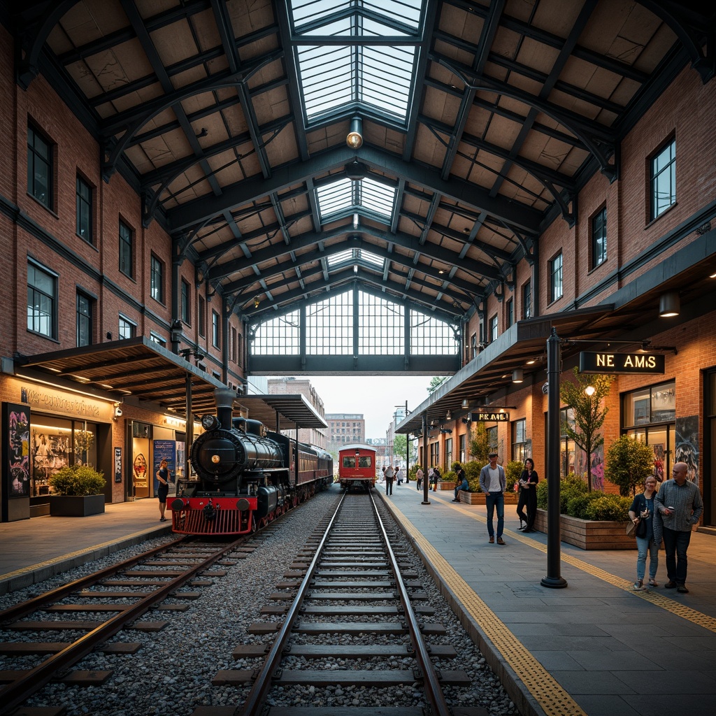 Prompt: Abandoned railway station, industrial heritage, urban renewal, adaptive reuse, vintage locomotives, distressed brick walls, metal beams, reclaimed wood floors, modern transportation hub, sleek glass canopies, LED lighting, dynamic signage, pedestrian-friendly infrastructure, bike-sharing systems, electric vehicle charging stations, green roofs, solar panels, urban agriculture, bustling street life, vibrant graffiti art, eclectic mix of old and new, warm atmospheric lighting, shallow depth of field, 2/3 composition.