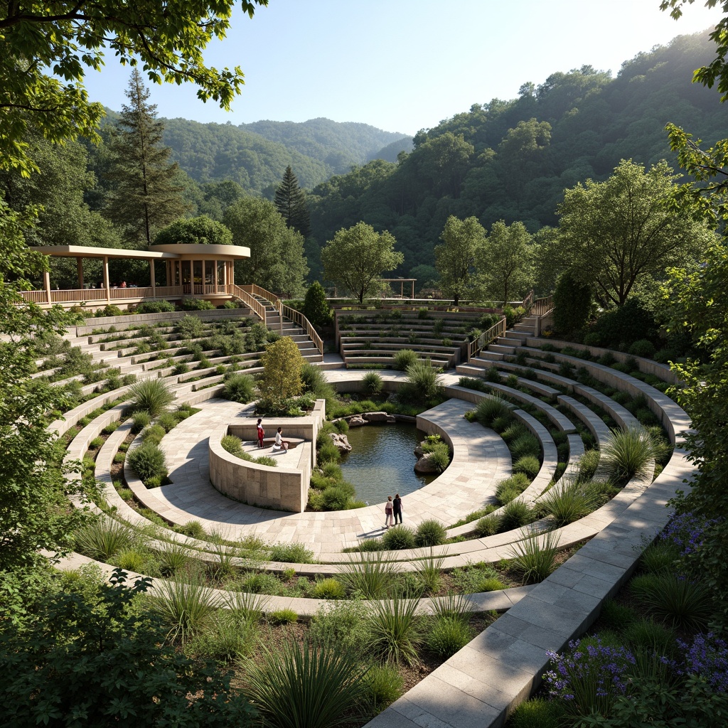 Prompt: Amphitheater sustainable architecture, harmonious site integration, lush greenery, native plants, natural stone seating, curved walkways, wooden bridges, water features, eco-friendly materials, energy-efficient systems, solar panels, rainwater harvesting, grey water reuse, organic waste management, composting toilets, shaded outdoor spaces, misting systems, natural ventilation, panoramic views, symmetrical composition, realistic textures, ambient occlusion.