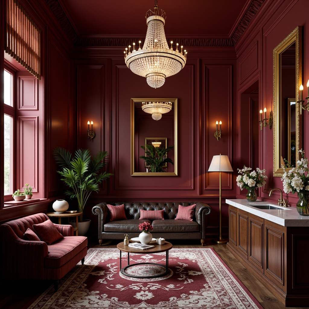 Prompt: Luxurious burgundy accent walls, rich velvet fabrics, ornate gold frames, lavish crystal chandeliers, sophisticated dark wood furniture, refined marble countertops, sumptuous leather upholstery, opulent patterned rugs, warm atmospheric lighting, shallow depth of field, 2/3 composition, realistic textures, ambient occlusion, classic European-inspired architecture, grandiose interior spaces, elegant curves, refined lines.