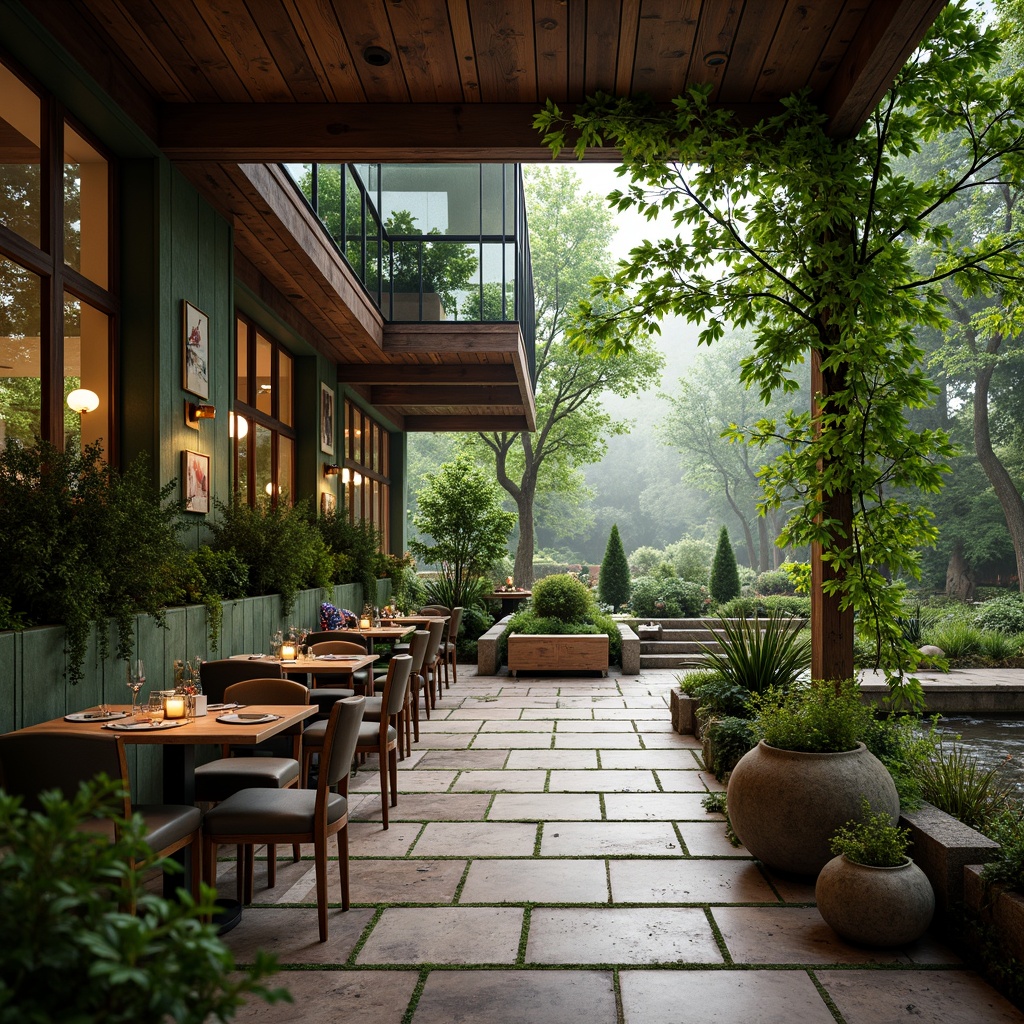 Prompt: Cozy restaurant interior, lush green walls, natural stone floors, reclaimed wood accents, floor-to-ceiling windows, seamless outdoor connection, alfresco dining area, cantilevered roof structure, overflowing planters, vibrant flowers, soft warm lighting, shallow depth of field, 3/4 composition, panoramic view, realistic textures, ambient occlusion, serene forest surroundings, gentle stream sounds, misty morning atmosphere, rustic wooden furniture, earthy color palette.