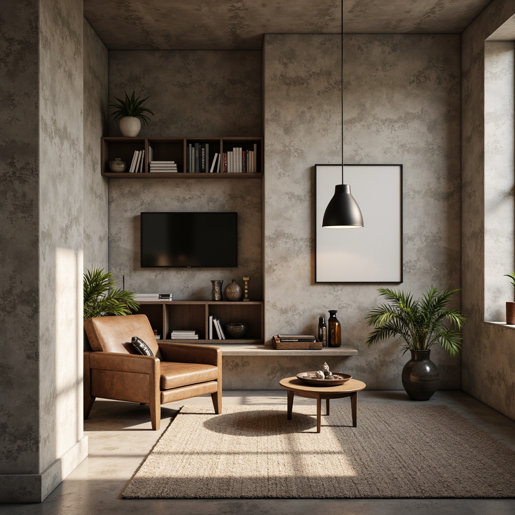 Prompt: Rough-hewn concrete walls, plastered surfaces, subtle texture variations, earthy tone color palette, industrial-chic aesthetic, urban loft atmosphere, modern minimalist decor, sleek metal accents, reclaimed wood furniture, natural light pouring in, soft warm shadows, shallow depth of field, 3/4 composition, realistic textures, ambient occlusion.